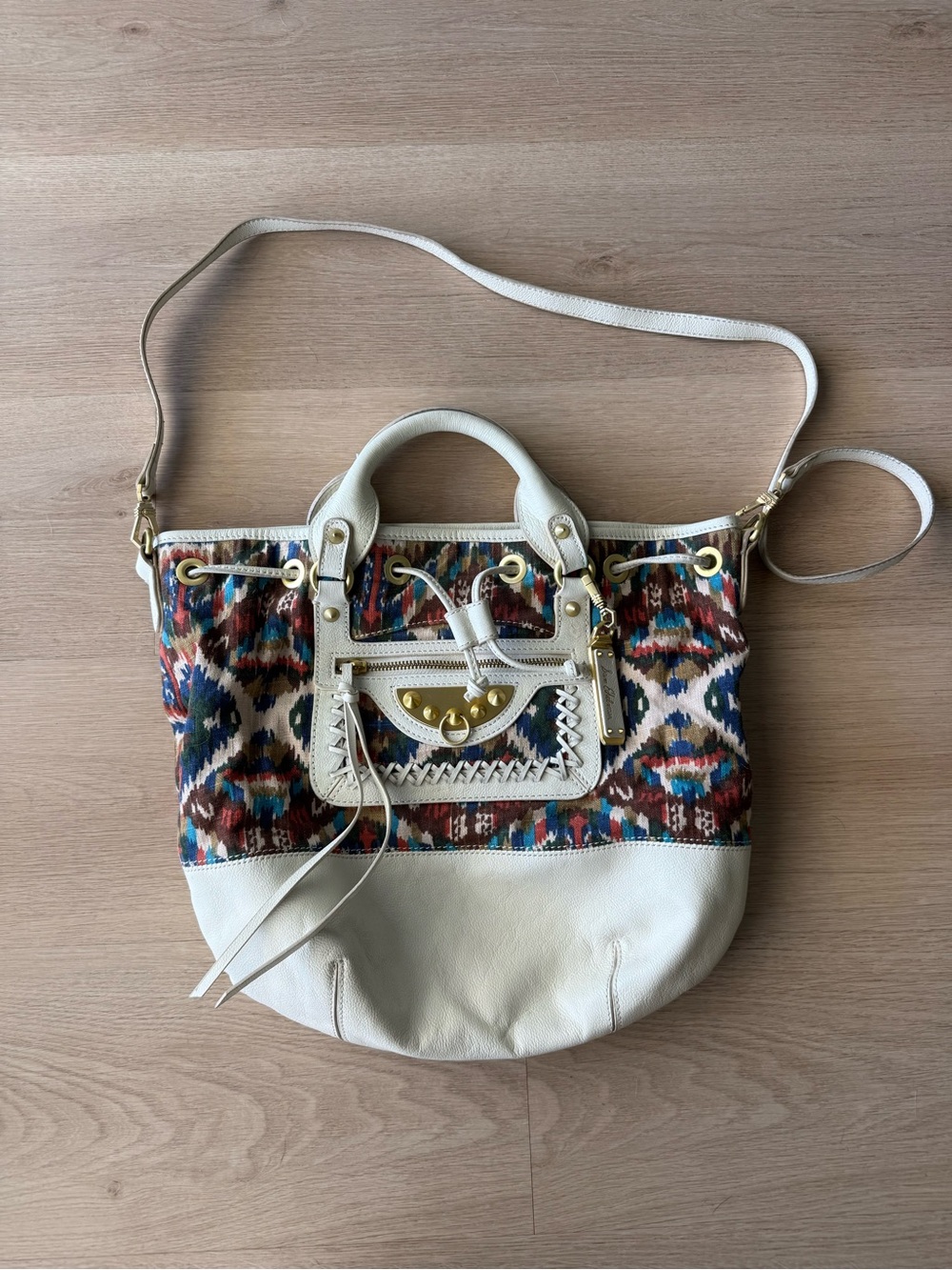 Sam Edelman White Multi-Color Patterned Tote Bag with Gold Hardware